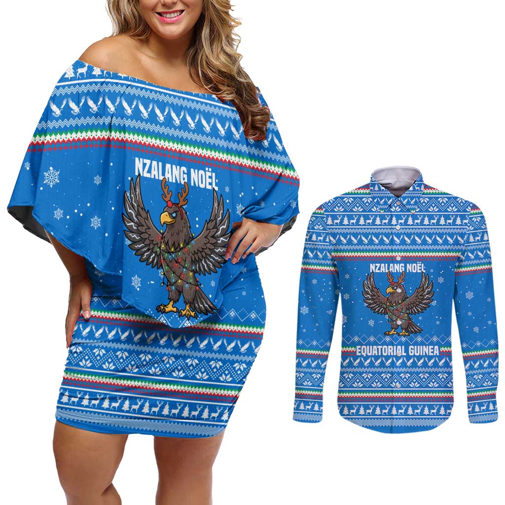 Equatorial Guinea Christmas Couples Matching Off Shoulder Short Dress and Long Sleeve Button Shirt with Nzalang Noel Eagle Flag Snowflakes and Blue Holiday - Wonder Print Shop