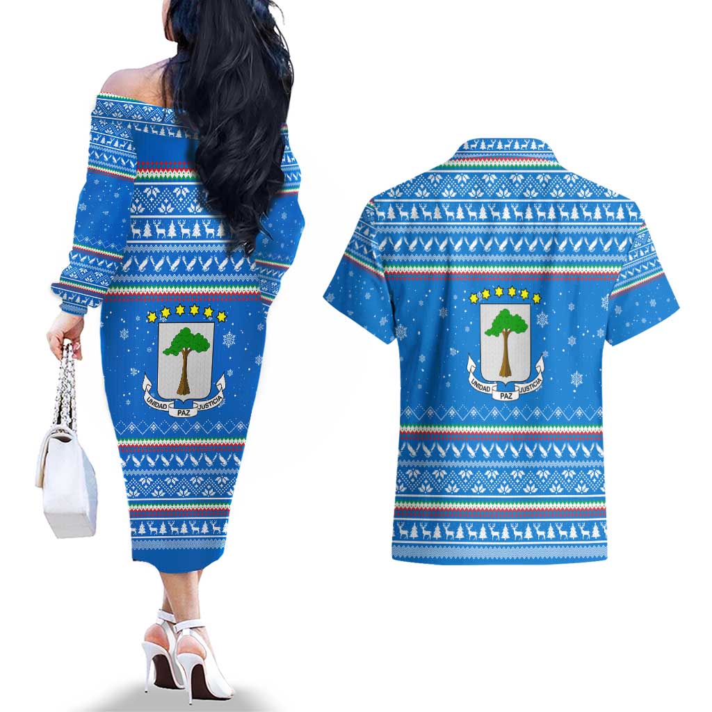 Equatorial Guinea Christmas Couples Matching Off The Shoulder Long Sleeve Dress and Hawaiian Shirt with Nzalang Noel Eagle Flag Snowflakes and Blue Holiday - Wonder Print Shop