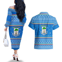Equatorial Guinea Christmas Couples Matching Off The Shoulder Long Sleeve Dress and Hawaiian Shirt with Nzalang Noel Eagle Flag Snowflakes and Blue Holiday - Wonder Print Shop