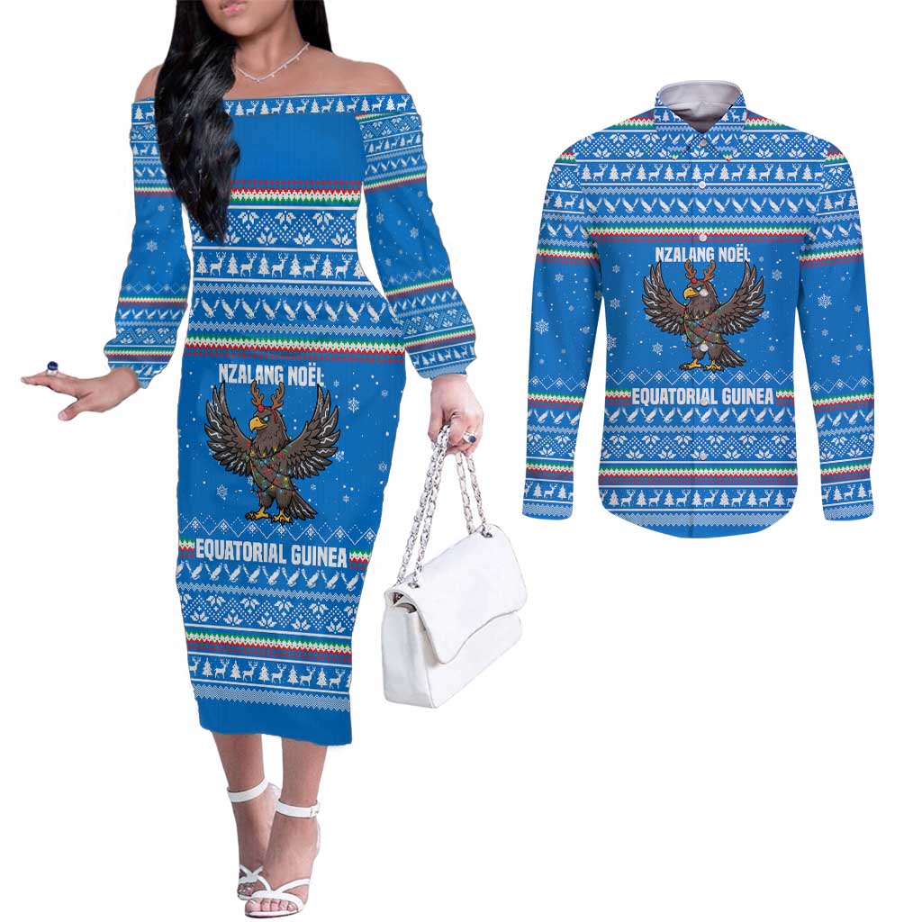 Equatorial Guinea Christmas Couples Matching Off The Shoulder Long Sleeve Dress and Long Sleeve Button Shirt with Nzalang Noel Eagle Flag Snowflakes and Blue Holiday - Wonder Print Shop