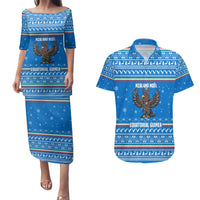 Equatorial Guinea Christmas Couples Matching Puletasi and Hawaiian Shirt with Nzalang Noel Eagle Flag Snowflakes and Blue Holiday - Wonder Print Shop