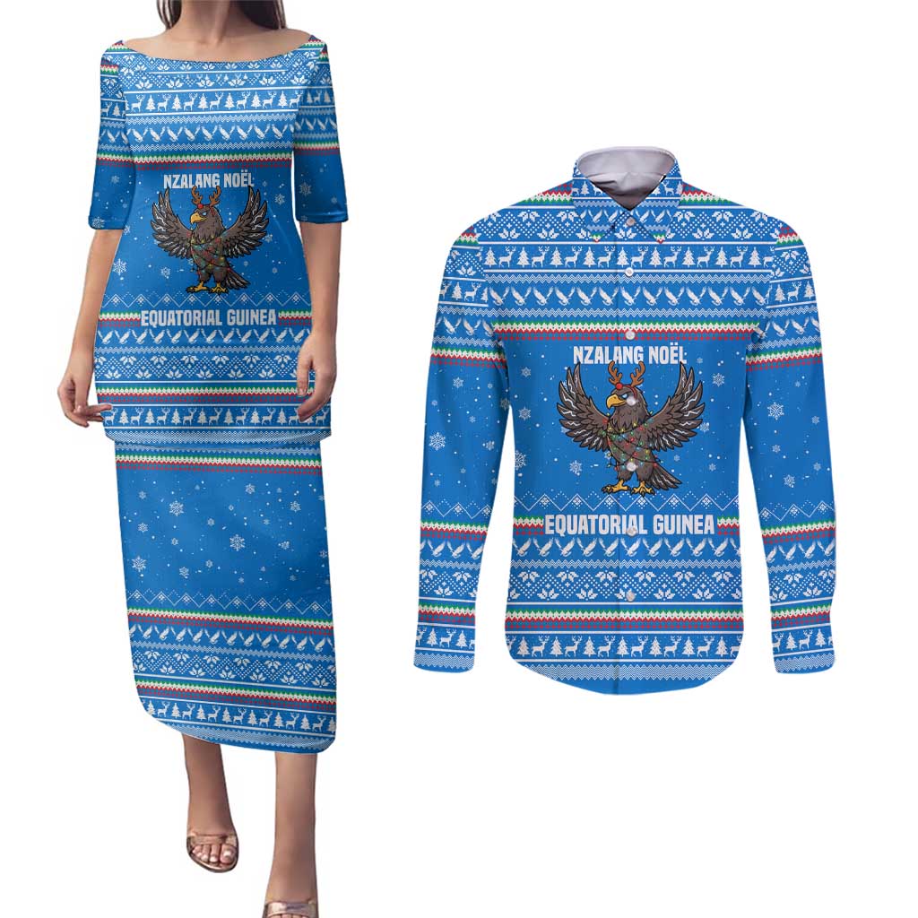 Equatorial Guinea Christmas Couples Matching Puletasi and Long Sleeve Button Shirt with Nzalang Noel Eagle Flag Snowflakes and Blue Holiday - Wonder Print Shop