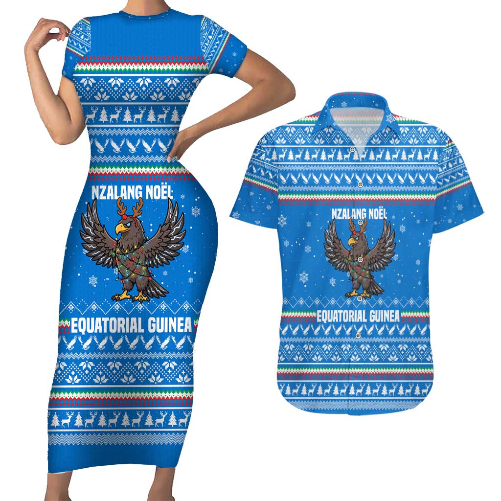Equatorial Guinea Christmas Couples Matching Short Sleeve Bodycon Dress and Hawaiian Shirt with Nzalang Noel Eagle Flag Snowflakes and Blue Holiday - Wonder Print Shop