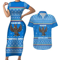 Equatorial Guinea Christmas Couples Matching Short Sleeve Bodycon Dress and Hawaiian Shirt with Nzalang Noel Eagle Flag Snowflakes and Blue Holiday - Wonder Print Shop