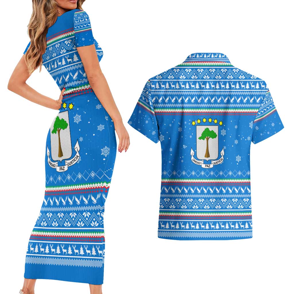 Equatorial Guinea Christmas Couples Matching Short Sleeve Bodycon Dress and Hawaiian Shirt with Nzalang Noel Eagle Flag Snowflakes and Blue Holiday - Wonder Print Shop
