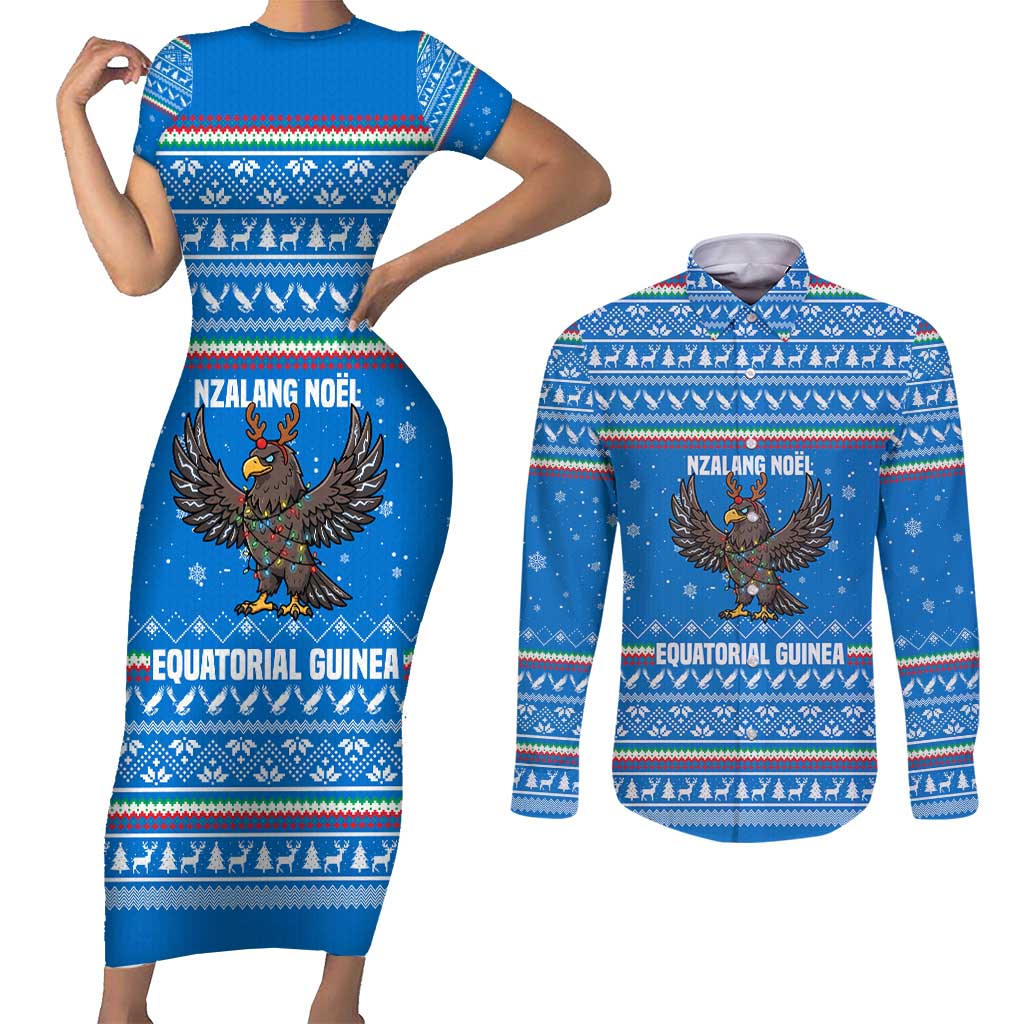 Equatorial Guinea Christmas Couples Matching Short Sleeve Bodycon Dress and Long Sleeve Button Shirt with Nzalang Noel Eagle Flag Snowflakes and Blue Holiday - Wonder Print Shop