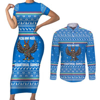 Equatorial Guinea Christmas Couples Matching Short Sleeve Bodycon Dress and Long Sleeve Button Shirt with Nzalang Noel Eagle Flag Snowflakes and Blue Holiday - Wonder Print Shop