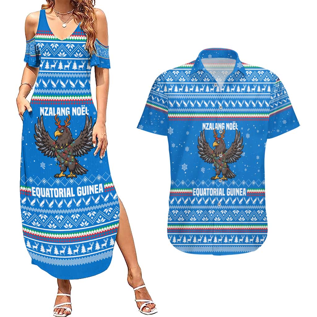 Equatorial Guinea Christmas Couples Matching Summer Maxi Dress and Hawaiian Shirt with Nzalang Noel Eagle Flag Snowflakes and Blue Holiday - Wonder Print Shop
