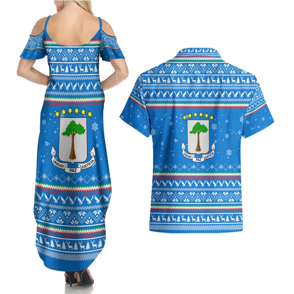 Equatorial Guinea Christmas Couples Matching Summer Maxi Dress and Hawaiian Shirt with Nzalang Noel Eagle Flag Snowflakes and Blue Holiday - Wonder Print Shop