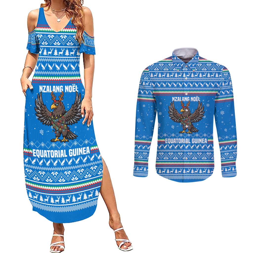 Equatorial Guinea Christmas Couples Matching Summer Maxi Dress and Long Sleeve Button Shirt with Nzalang Noel Eagle Flag Snowflakes and Blue Holiday - Wonder Print Shop