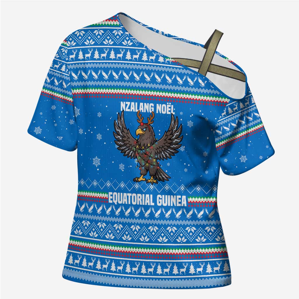 Equatorial Guinea Christmas Cross Shoulder Shirt with Nzalang Noel Eagle Flag Snowflakes and Blue Holiday - Wonder Print Shop