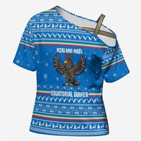 Equatorial Guinea Christmas Cross Shoulder Shirt with Nzalang Noel Eagle Flag Snowflakes and Blue Holiday - Wonder Print Shop
