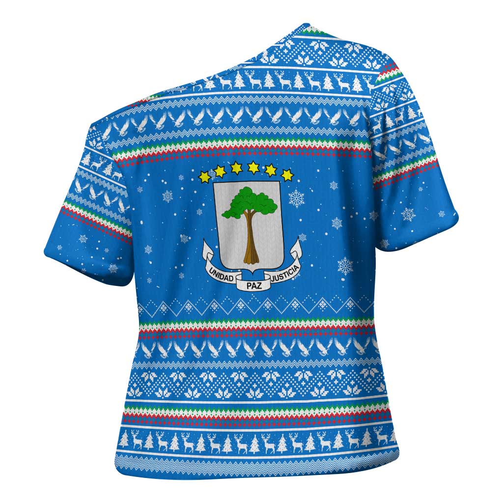 Equatorial Guinea Christmas Cross Shoulder Shirt with Nzalang Noel Eagle Flag Snowflakes and Blue Holiday - Wonder Print Shop