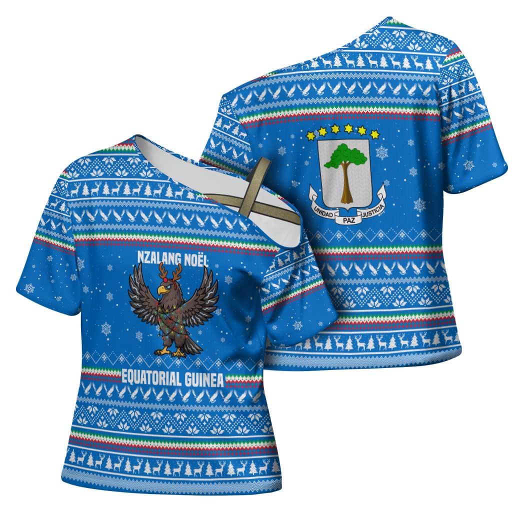 Equatorial Guinea Christmas Cross Shoulder Shirt with Nzalang Noel Eagle Flag Snowflakes and Blue Holiday - Wonder Print Shop