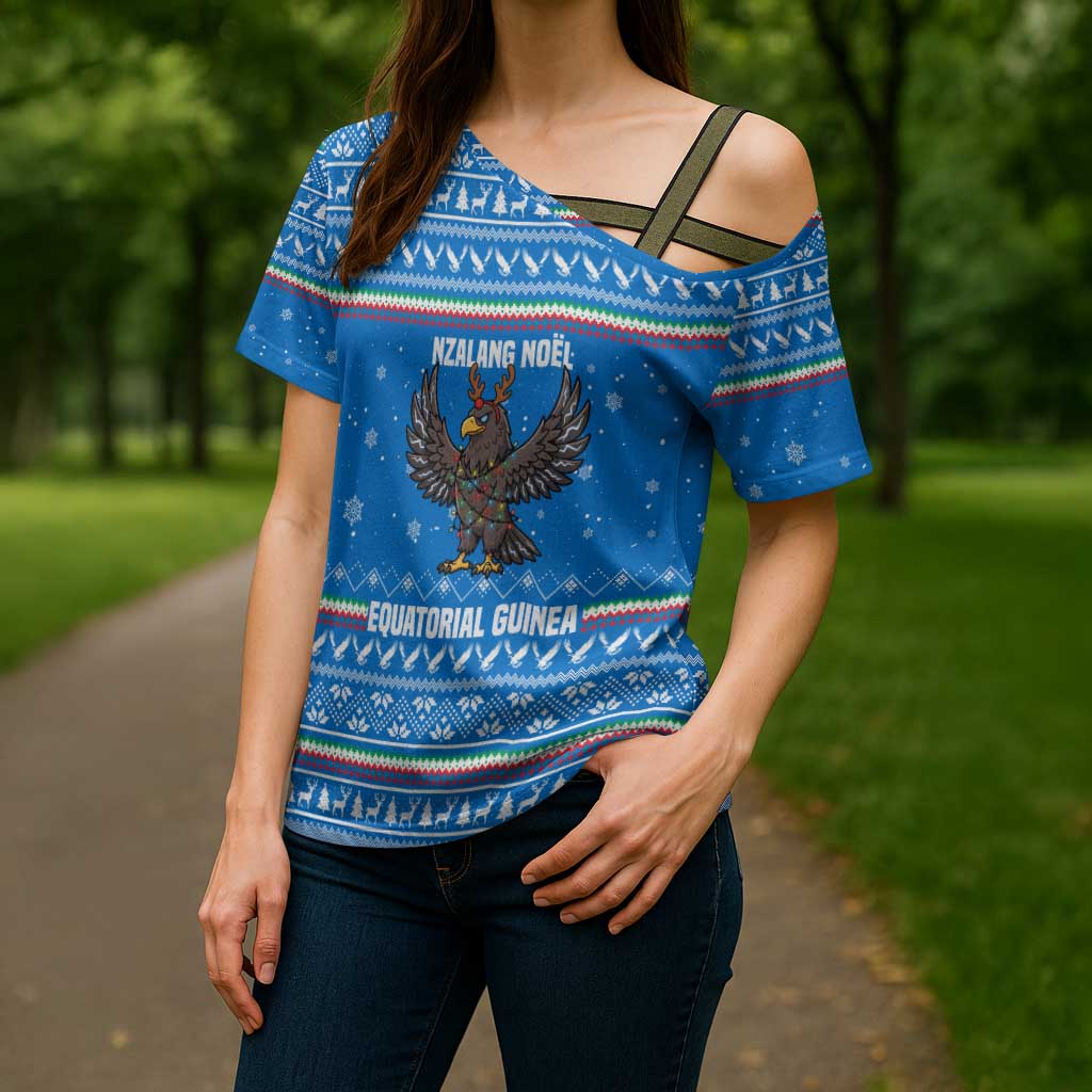 Equatorial Guinea Christmas Cross Shoulder Shirt with Nzalang Noel Eagle Flag Snowflakes and Blue Holiday - Wonder Print Shop