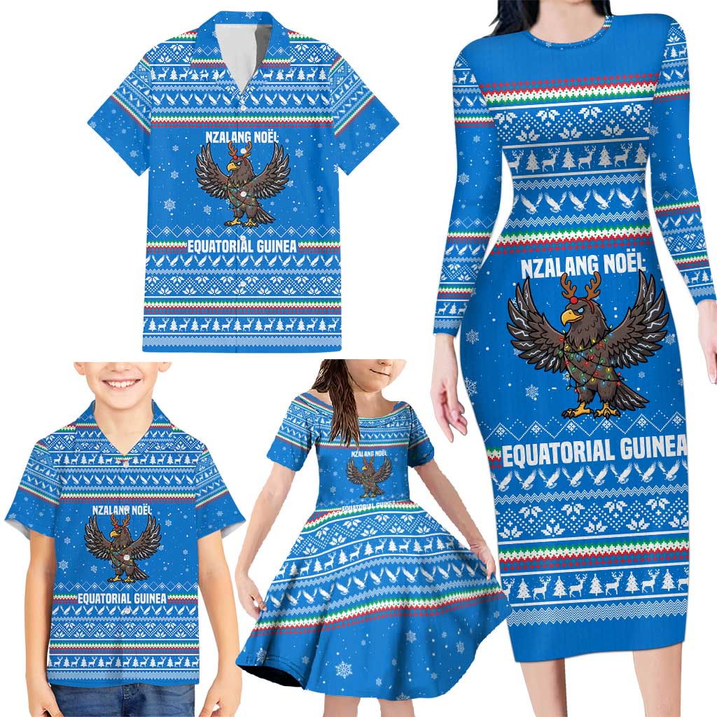 Equatorial Guinea Christmas Family Matching Long Sleeve Bodycon Dress and Hawaiian Shirt with Nzalang Noel Eagle Flag Snowflakes and Blue Holiday - Wonder Print Shop