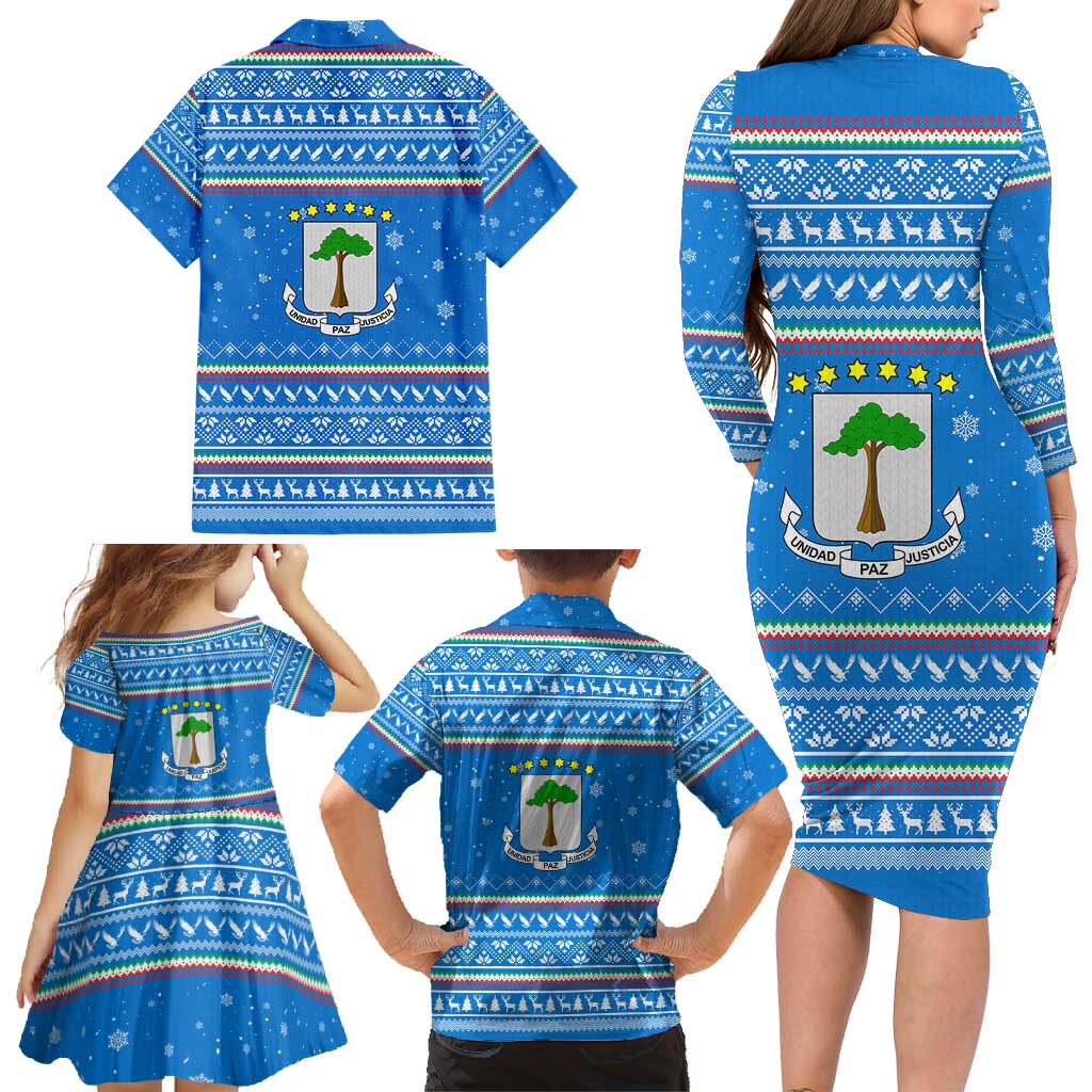 Equatorial Guinea Christmas Family Matching Long Sleeve Bodycon Dress and Hawaiian Shirt with Nzalang Noel Eagle Flag Snowflakes and Blue Holiday - Wonder Print Shop