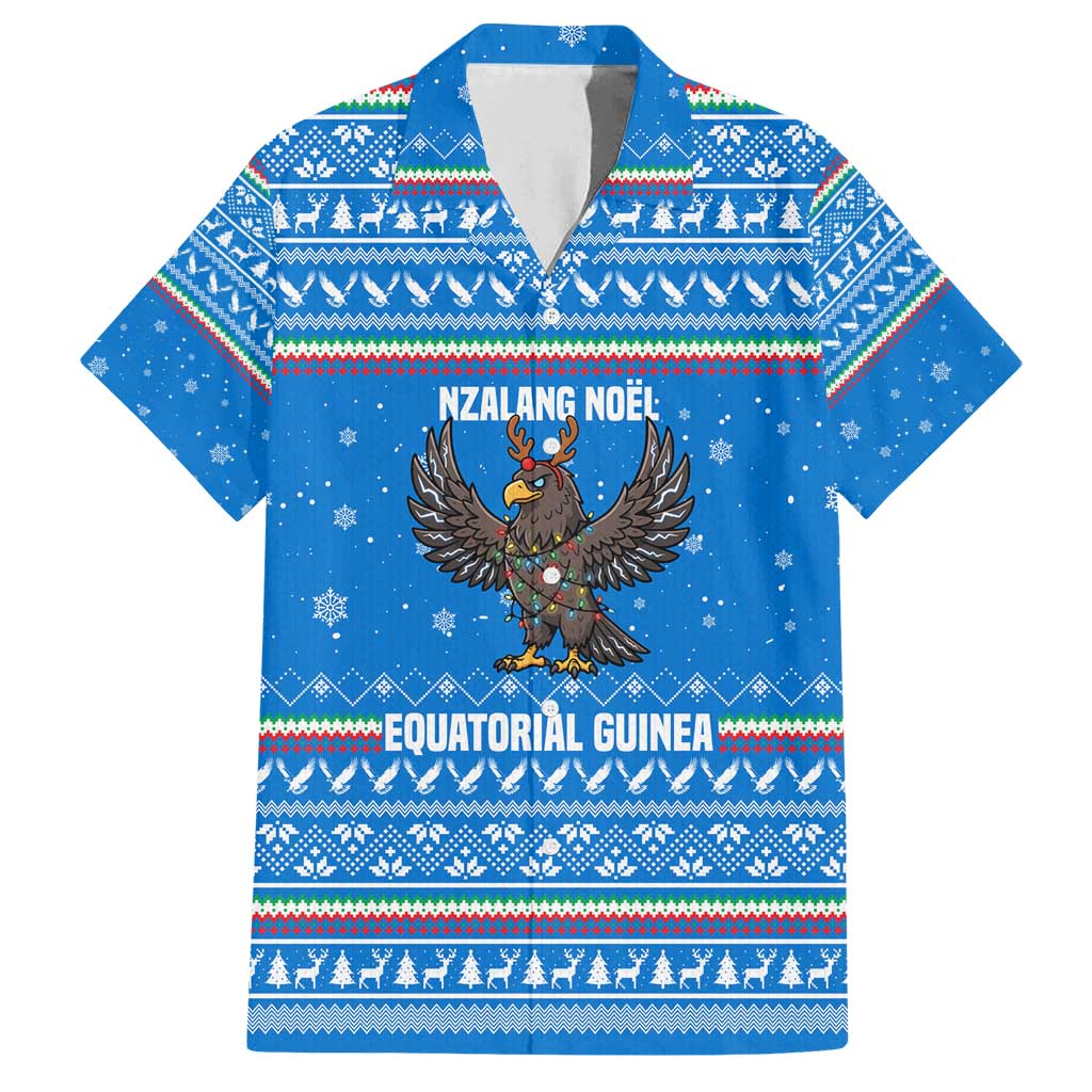 Equatorial Guinea Christmas Family Matching Long Sleeve Bodycon Dress and Hawaiian Shirt with Nzalang Noel Eagle Flag Snowflakes and Blue Holiday - Wonder Print Shop