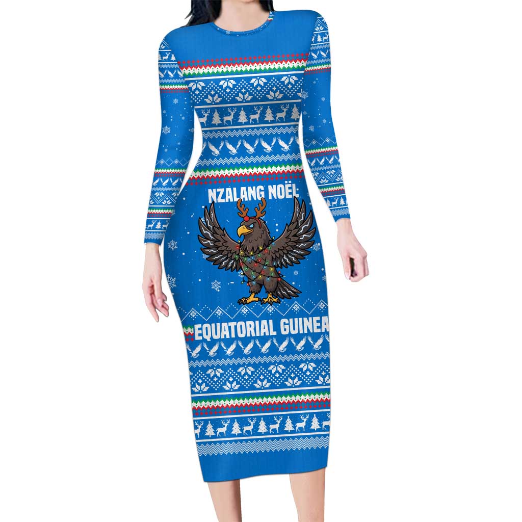Equatorial Guinea Christmas Family Matching Long Sleeve Bodycon Dress and Hawaiian Shirt with Nzalang Noel Eagle Flag Snowflakes and Blue Holiday - Wonder Print Shop