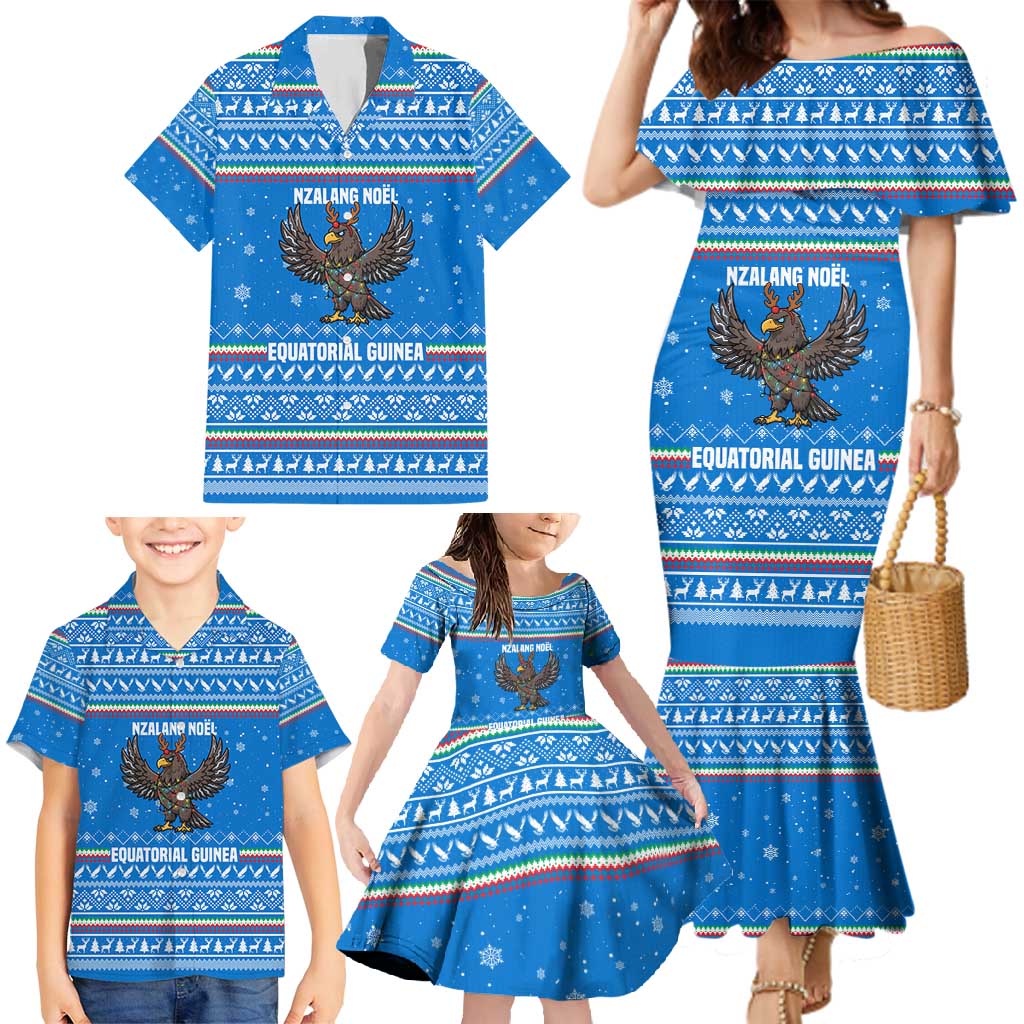 Equatorial Guinea Christmas Family Matching Mermaid Dress and Hawaiian Shirt with Nzalang Noel Eagle Flag Snowflakes and Blue Holiday - Wonder Print Shop