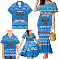 Equatorial Guinea Christmas Family Matching Mermaid Dress and Hawaiian Shirt with Nzalang Noel Eagle Flag Snowflakes and Blue Holiday - Wonder Print Shop