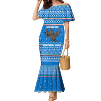 Equatorial Guinea Christmas Family Matching Mermaid Dress and Hawaiian Shirt with Nzalang Noel Eagle Flag Snowflakes and Blue Holiday - Wonder Print Shop