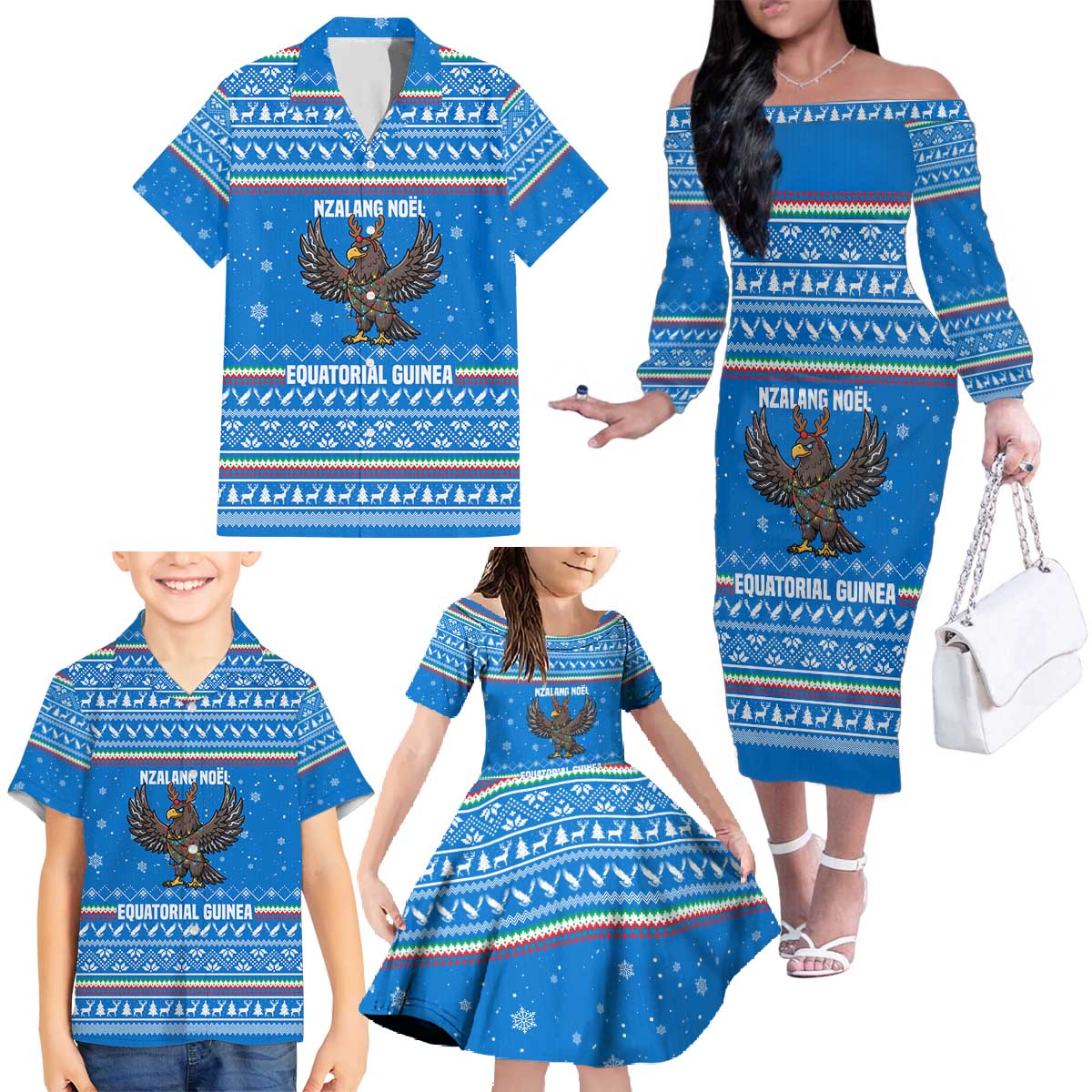 Equatorial Guinea Christmas Family Matching Off The Shoulder Long Sleeve Dress and Hawaiian Shirt with Nzalang Noel Eagle Flag Snowflakes and Blue Holiday - Wonder Print Shop