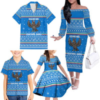 Equatorial Guinea Christmas Family Matching Off The Shoulder Long Sleeve Dress and Hawaiian Shirt with Nzalang Noel Eagle Flag Snowflakes and Blue Holiday - Wonder Print Shop
