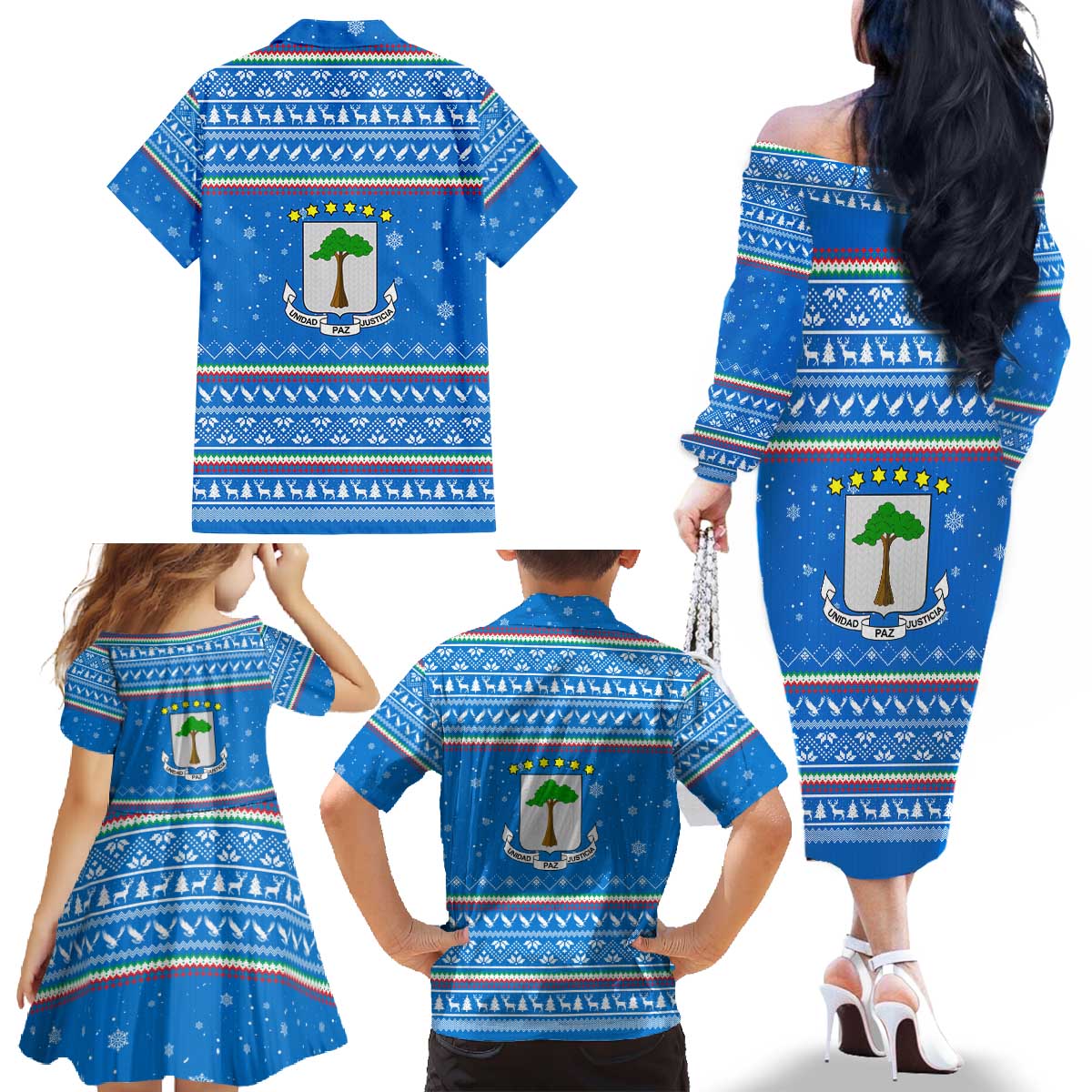 Equatorial Guinea Christmas Family Matching Off The Shoulder Long Sleeve Dress and Hawaiian Shirt with Nzalang Noel Eagle Flag Snowflakes and Blue Holiday - Wonder Print Shop
