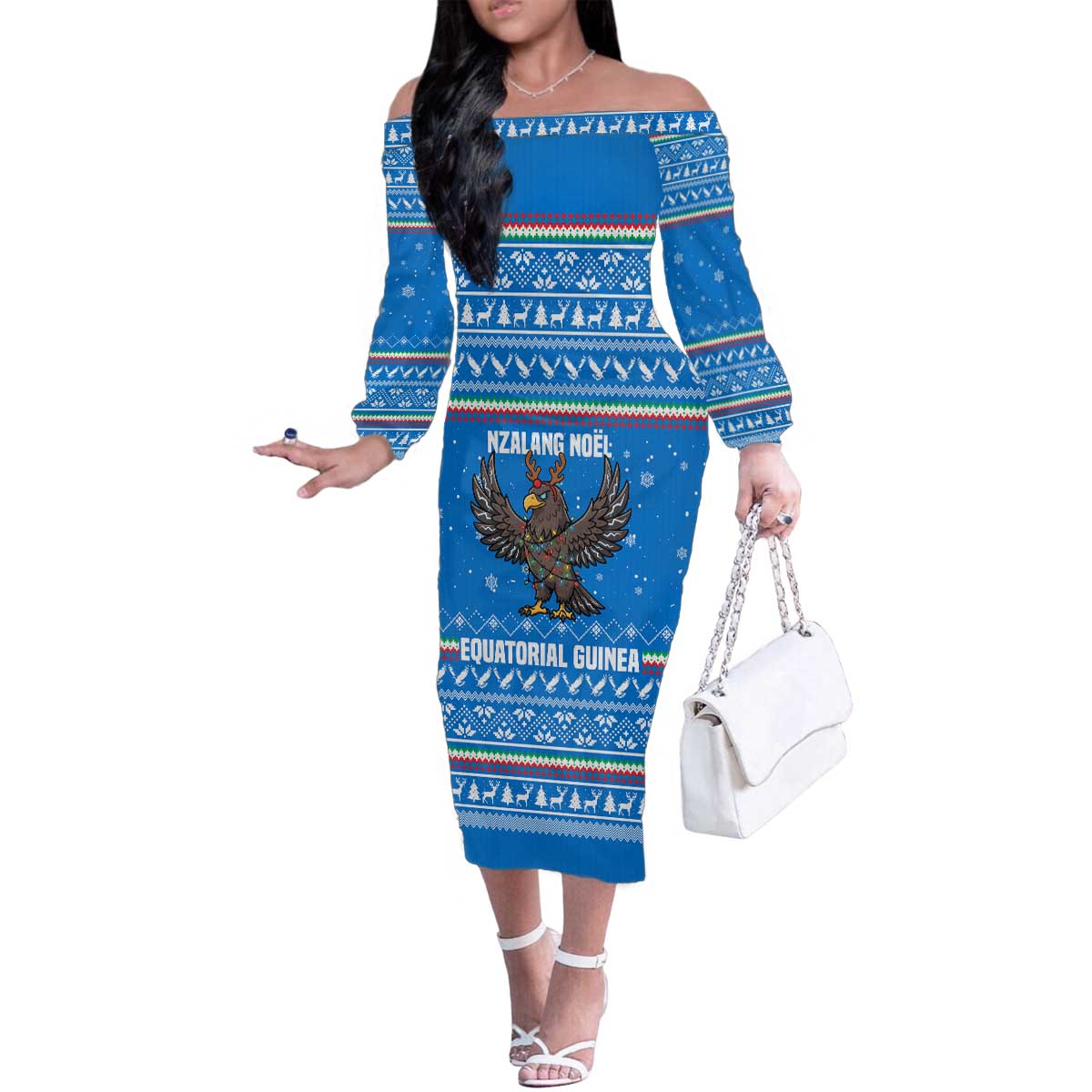 Equatorial Guinea Christmas Family Matching Off The Shoulder Long Sleeve Dress and Hawaiian Shirt with Nzalang Noel Eagle Flag Snowflakes and Blue Holiday - Wonder Print Shop