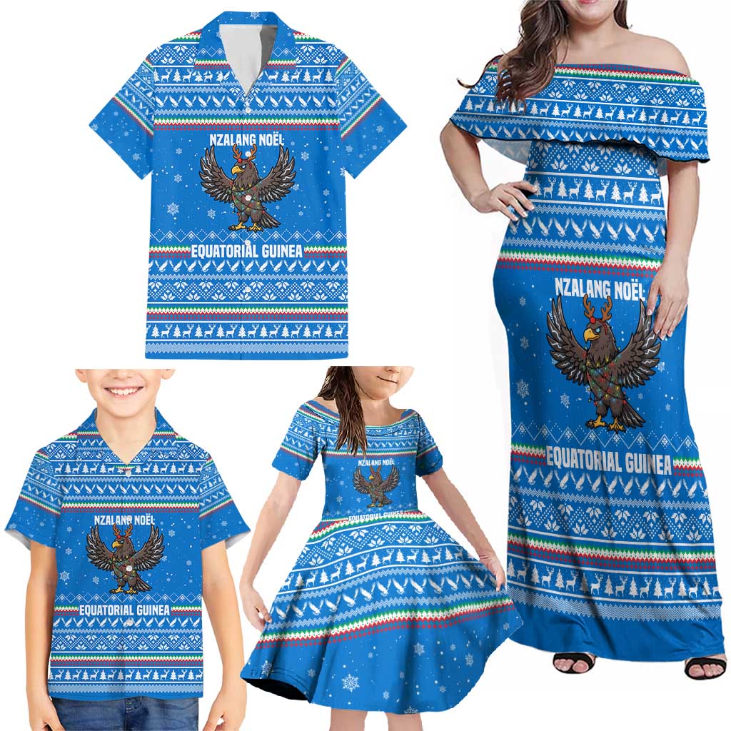 Equatorial Guinea Christmas Family Matching Off Shoulder Maxi Dress and Hawaiian Shirt with Nzalang Noel Eagle Flag Snowflakes and Blue Holiday - Wonder Print Shop