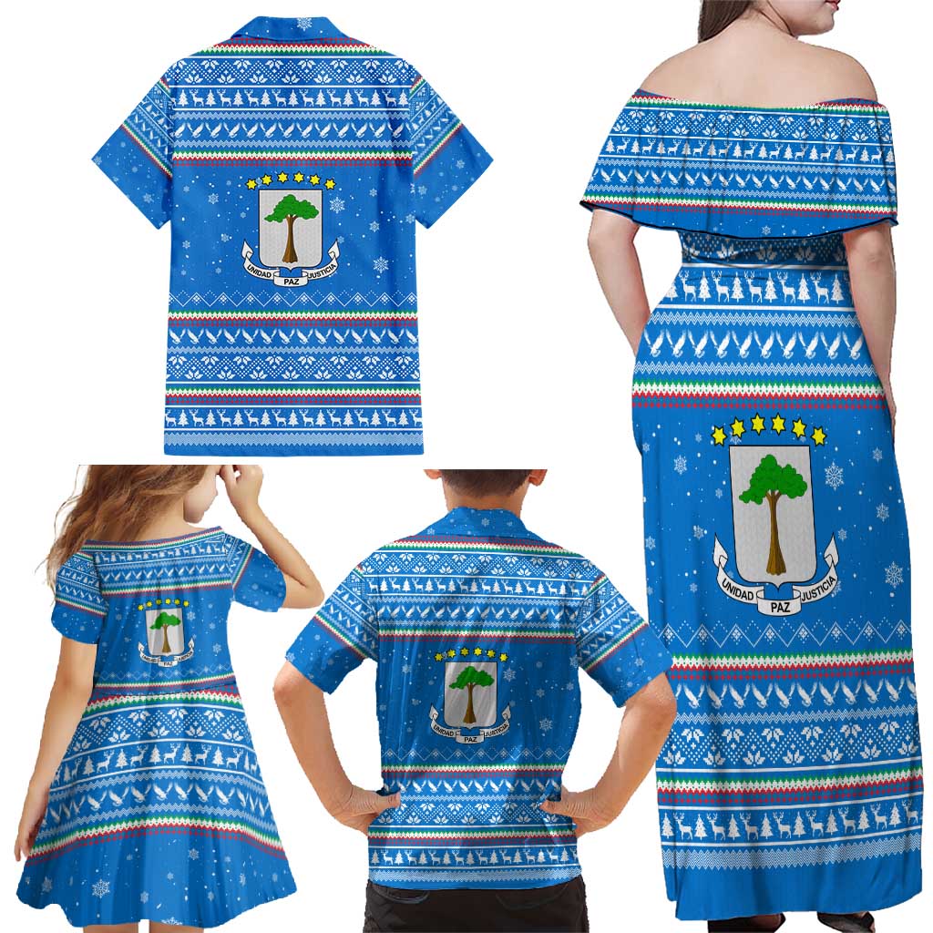 Equatorial Guinea Christmas Family Matching Off Shoulder Maxi Dress and Hawaiian Shirt with Nzalang Noel Eagle Flag Snowflakes and Blue Holiday - Wonder Print Shop