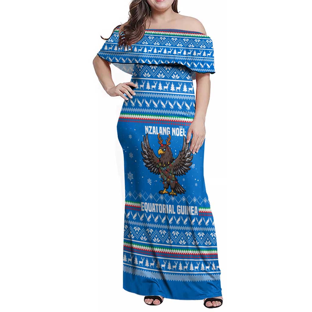 Equatorial Guinea Christmas Family Matching Off Shoulder Maxi Dress and Hawaiian Shirt with Nzalang Noel Eagle Flag Snowflakes and Blue Holiday - Wonder Print Shop
