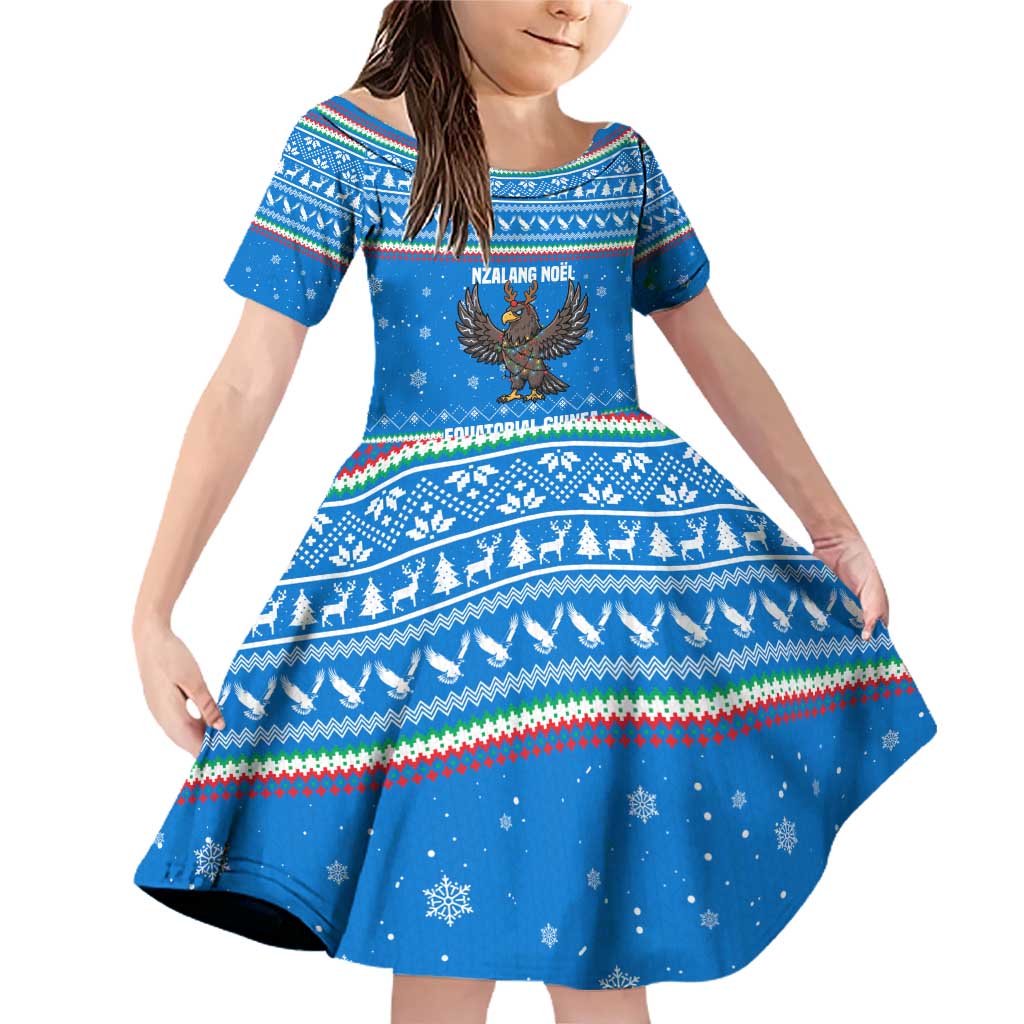 Equatorial Guinea Christmas Family Matching Off Shoulder Short Dress and Hawaiian Shirt with Nzalang Noel Eagle Flag Snowflakes and Blue Holiday - Wonder Print Shop