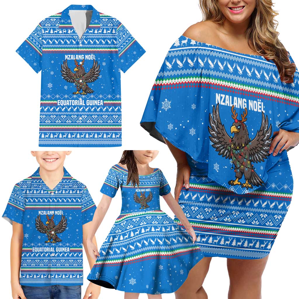 Equatorial Guinea Christmas Family Matching Off Shoulder Short Dress and Hawaiian Shirt with Nzalang Noel Eagle Flag Snowflakes and Blue Holiday - Wonder Print Shop