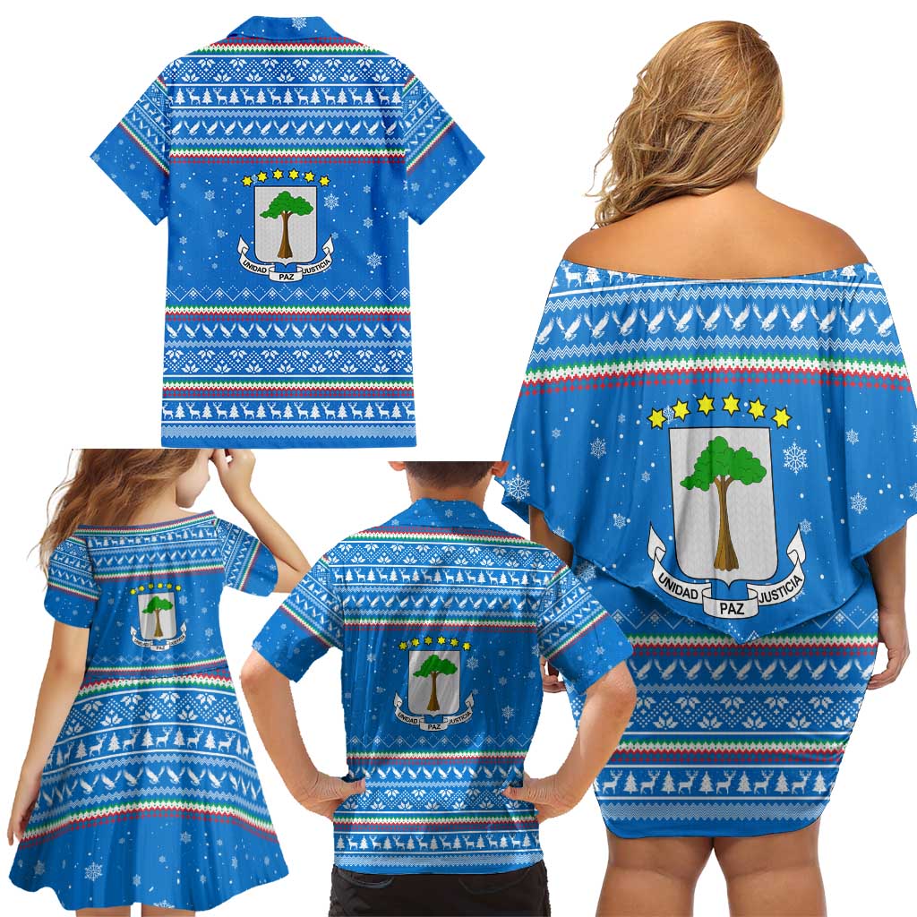 Equatorial Guinea Christmas Family Matching Off Shoulder Short Dress and Hawaiian Shirt with Nzalang Noel Eagle Flag Snowflakes and Blue Holiday - Wonder Print Shop