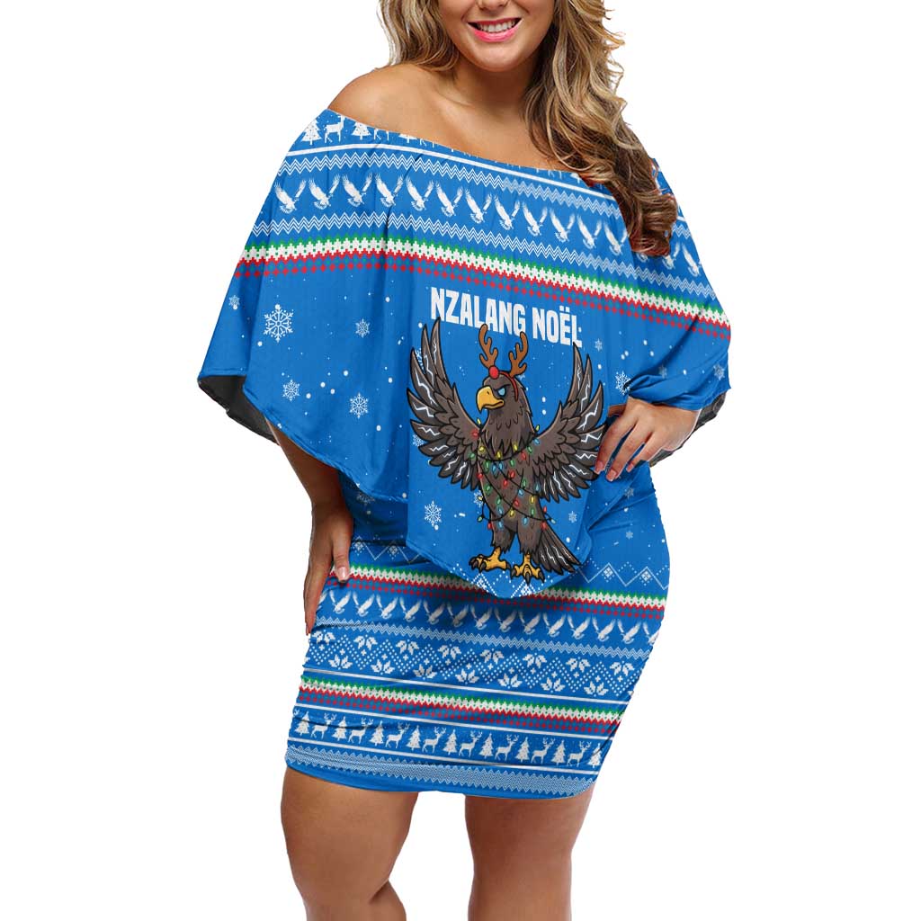 Equatorial Guinea Christmas Family Matching Off Shoulder Short Dress and Hawaiian Shirt with Nzalang Noel Eagle Flag Snowflakes and Blue Holiday - Wonder Print Shop