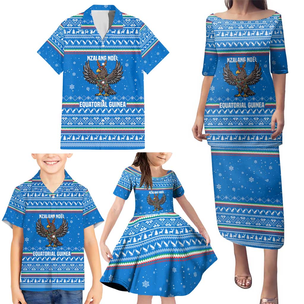 Equatorial Guinea Christmas Family Matching Puletasi and Hawaiian Shirt with Nzalang Noel Eagle Flag Snowflakes and Blue Holiday - Wonder Print Shop
