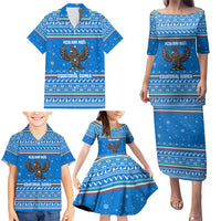 Equatorial Guinea Christmas Family Matching Puletasi and Hawaiian Shirt with Nzalang Noel Eagle Flag Snowflakes and Blue Holiday - Wonder Print Shop