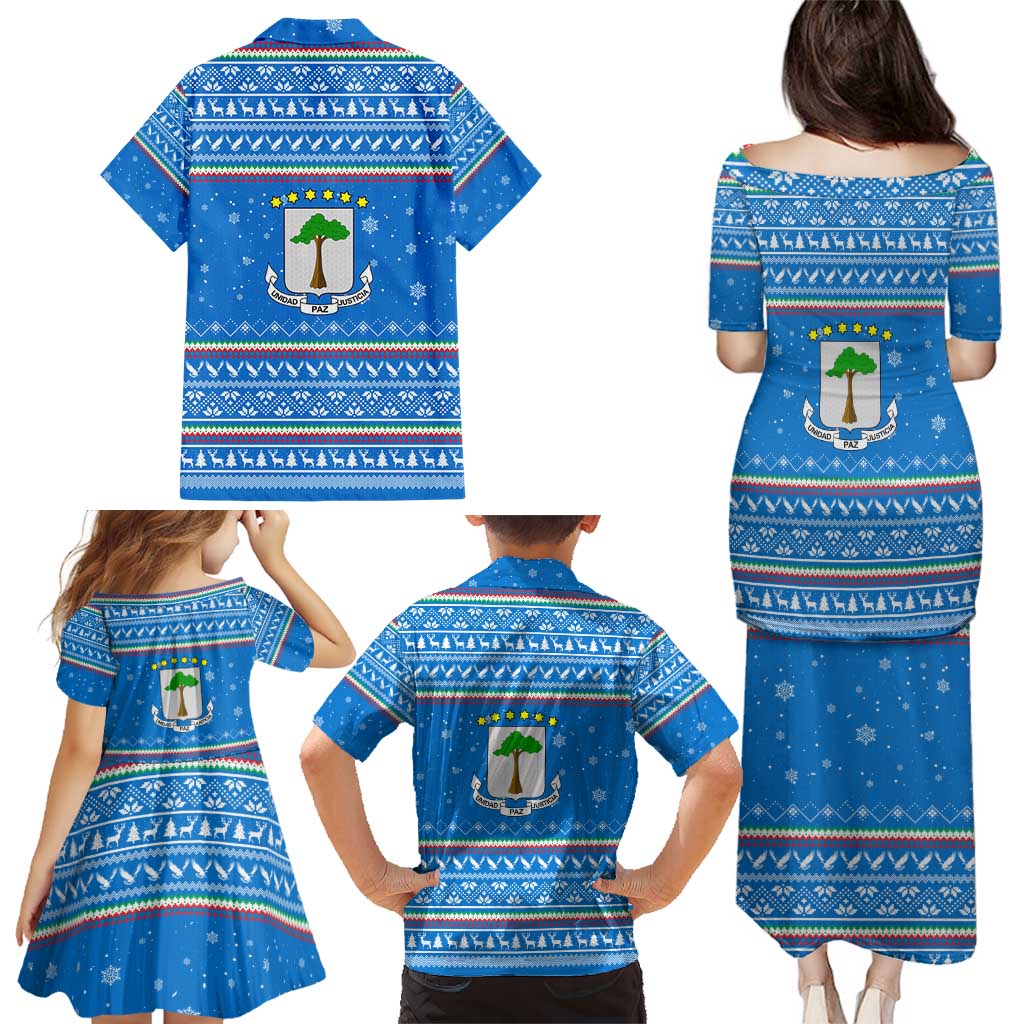 Equatorial Guinea Christmas Family Matching Puletasi and Hawaiian Shirt with Nzalang Noel Eagle Flag Snowflakes and Blue Holiday - Wonder Print Shop