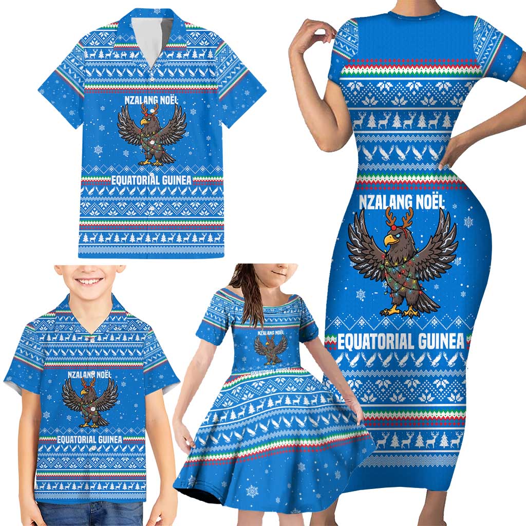 Equatorial Guinea Christmas Family Matching Short Sleeve Bodycon Dress and Hawaiian Shirt with Nzalang Noel Eagle Flag Snowflakes and Blue Holiday - Wonder Print Shop