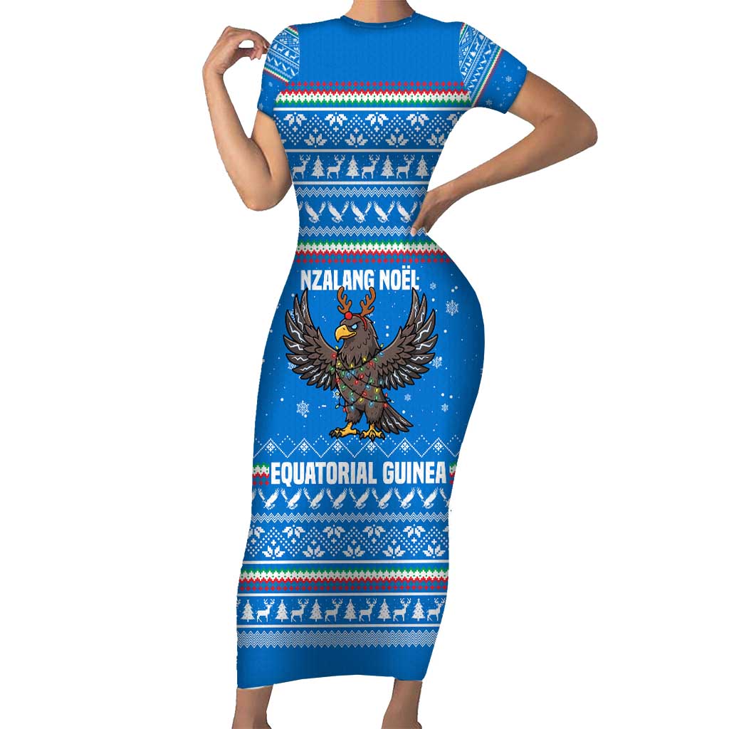 Equatorial Guinea Christmas Family Matching Short Sleeve Bodycon Dress and Hawaiian Shirt with Nzalang Noel Eagle Flag Snowflakes and Blue Holiday - Wonder Print Shop