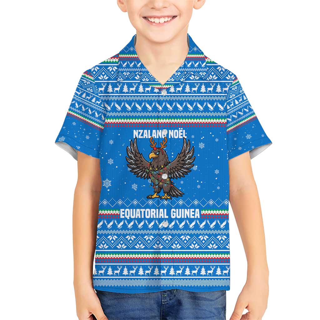 Equatorial Guinea Christmas Family Matching Short Sleeve Bodycon Dress and Hawaiian Shirt with Nzalang Noel Eagle Flag Snowflakes and Blue Holiday - Wonder Print Shop