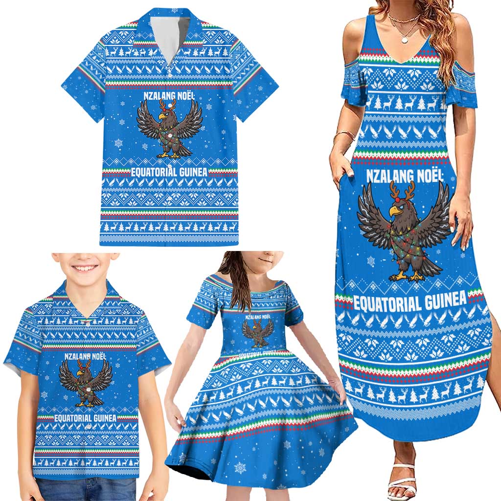 Equatorial Guinea Christmas Family Matching Summer Maxi Dress and Hawaiian Shirt with Nzalang Noel Eagle Flag Snowflakes and Blue Holiday - Wonder Print Shop