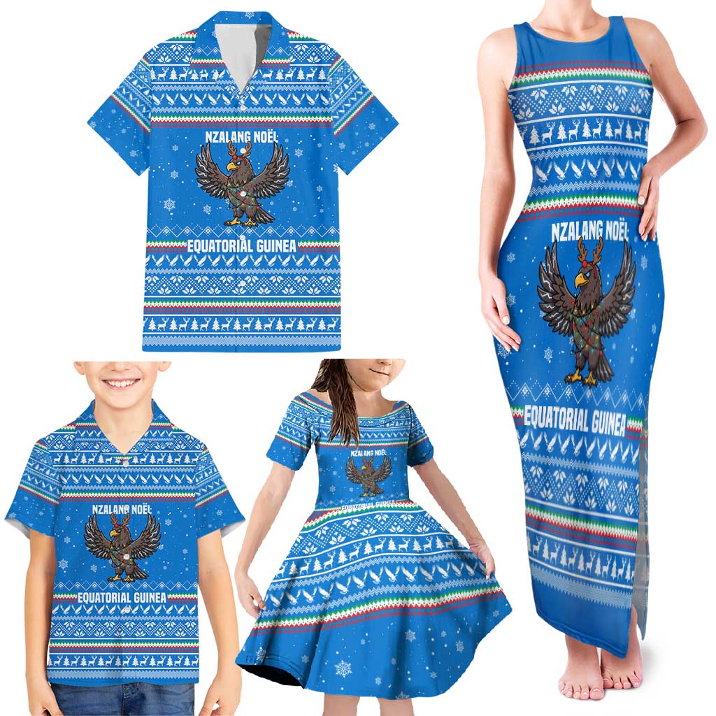 Equatorial Guinea Christmas Family Matching Tank Maxi Dress and Hawaiian Shirt with Nzalang Noel Eagle Flag Snowflakes and Blue Holiday - Wonder Print Shop