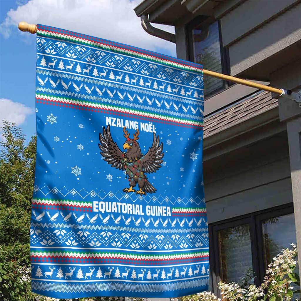 Equatorial Guinea Christmas Garden Flag with Nzalang Noel Eagle Flag Snowflakes and Blue Holiday - Wonder Print Shop