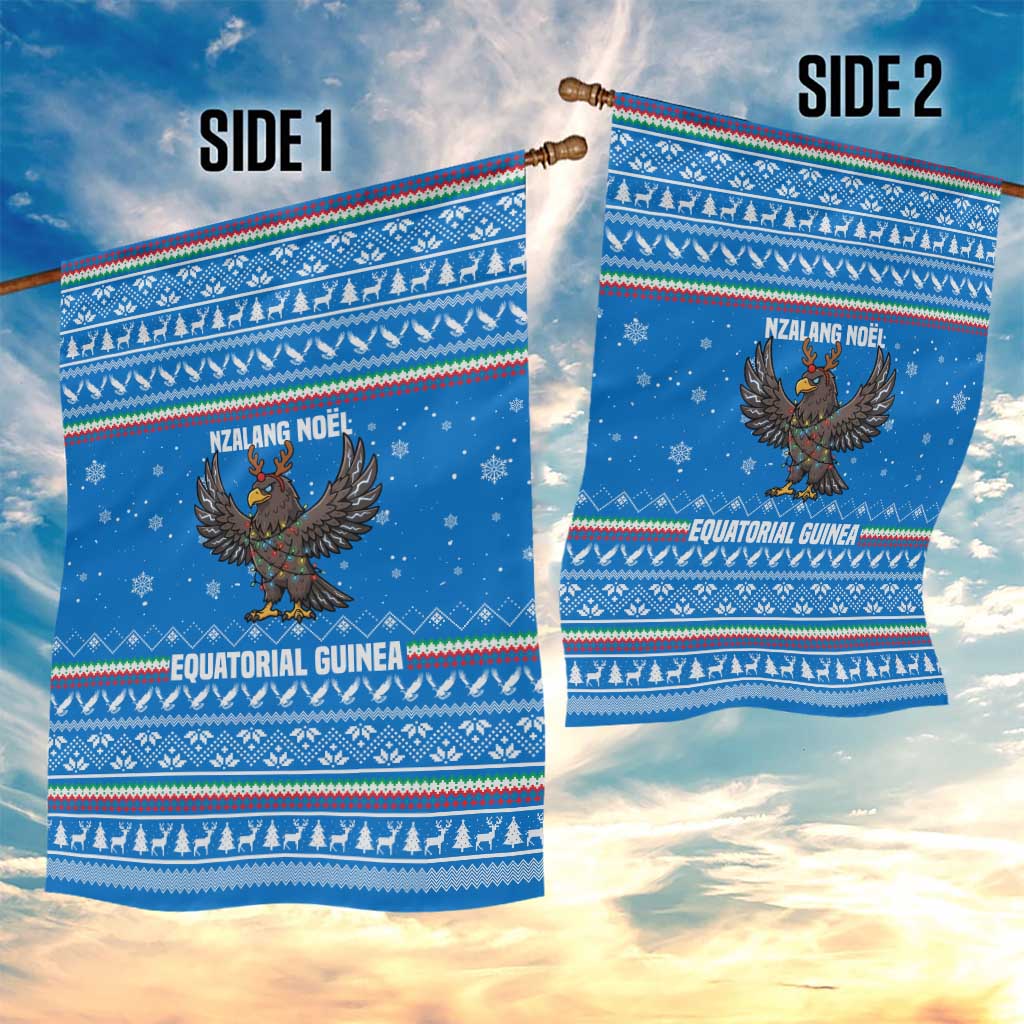 Equatorial Guinea Christmas Garden Flag with Nzalang Noel Eagle Flag Snowflakes and Blue Holiday - Wonder Print Shop