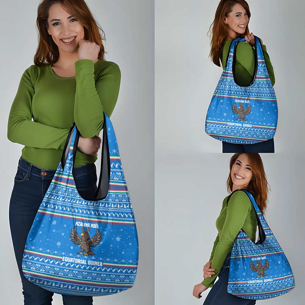 Equatorial Guinea Christmas Grocery Bag with Nzalang Noel Eagle Flag Snowflakes and Blue Holiday - Wonder Print Shop
