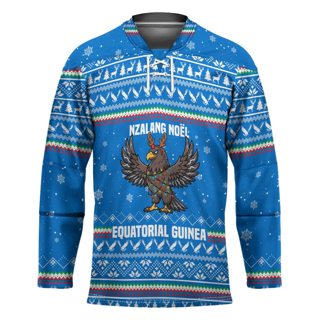 Equatorial Guinea Christmas Hockey Jersey with Nzalang Noel Eagle Flag Snowflakes and Blue Holiday - Wonder Print Shop