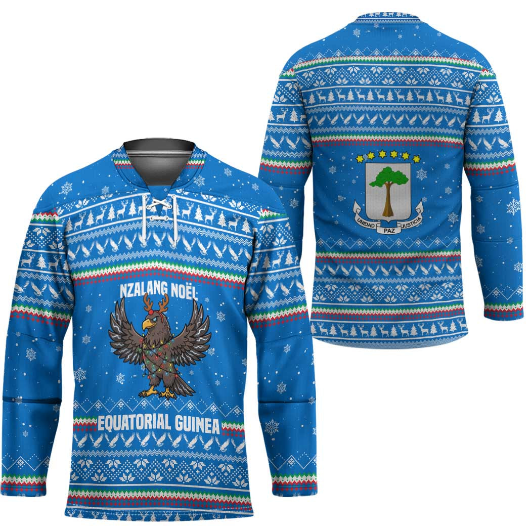 Equatorial Guinea Christmas Hockey Jersey with Nzalang Noel Eagle Flag Snowflakes and Blue Holiday - Wonder Print Shop